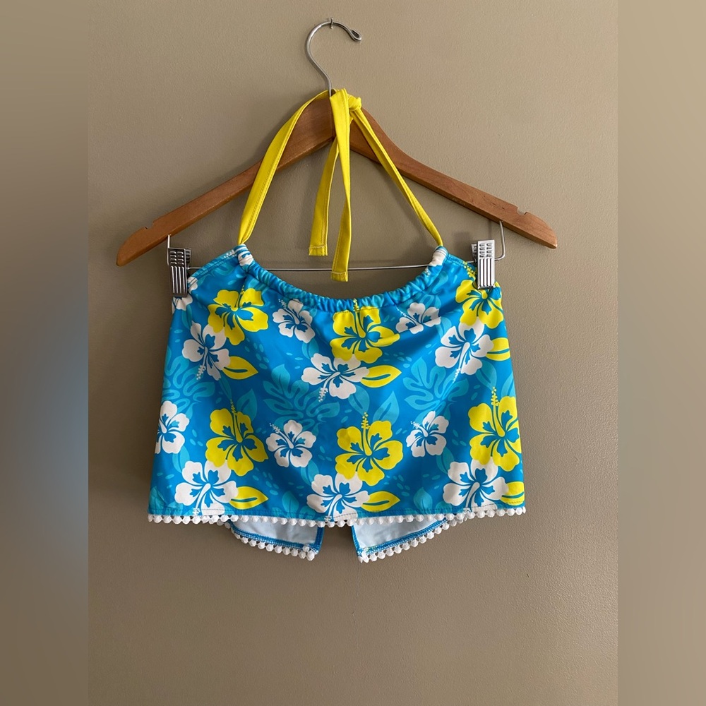 Two Piece Swimwear Bathing Suit Blue Floral Halter Top and Swim Shorts - Picture 3 of 16